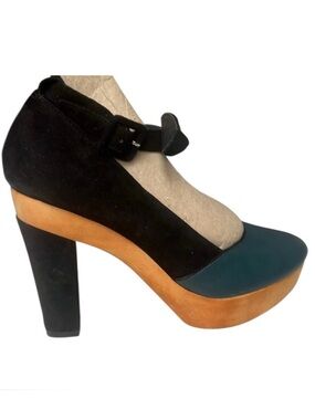 Faryl Robin Anthro Black Teal platform sky high Heel wood velvet leather bow 8